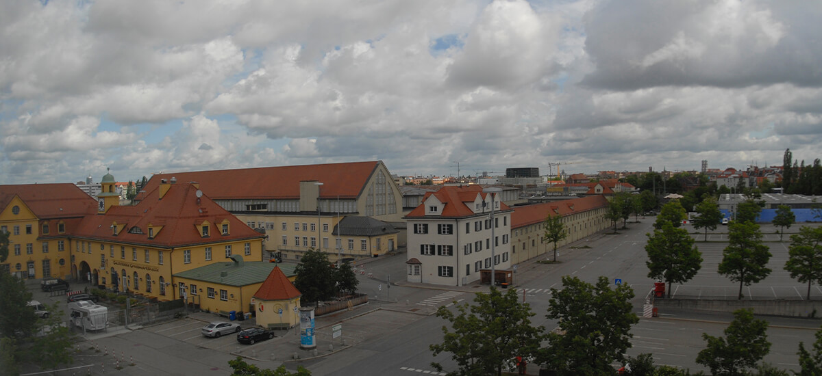 Großmarktareal München, Überblick mit demalgeschützten Gebäuden: Halle, Ladezeile & Gaststätte